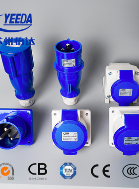 上海发货怡达Yeeda户外防水插座 32A单相3芯Y423蓝色工业暗装斜插