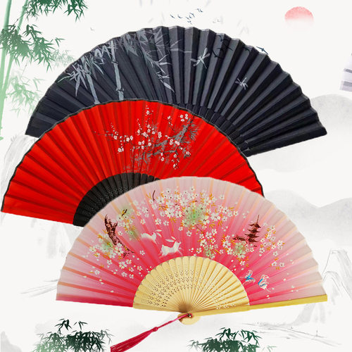 扇子中国风古风随身便携折扇夏季樱花风古典舞蹈学生折叠小竹扇C