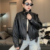 欧货酷飒时髦褶皱袖 宽松辣妹夹克超酷机车服 子PU皮衣短外套女春季