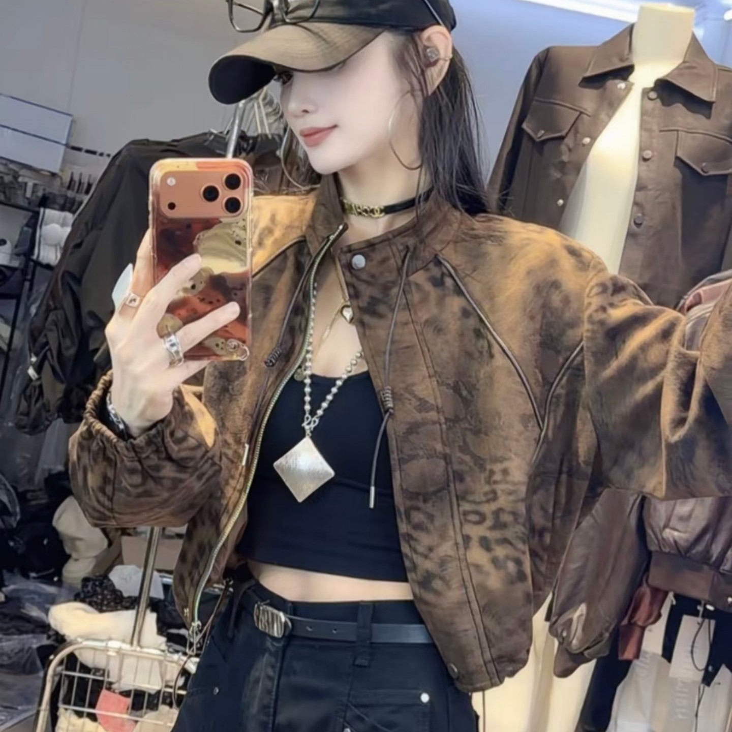 港风复古豹纹麂皮绒立领短外套女图片