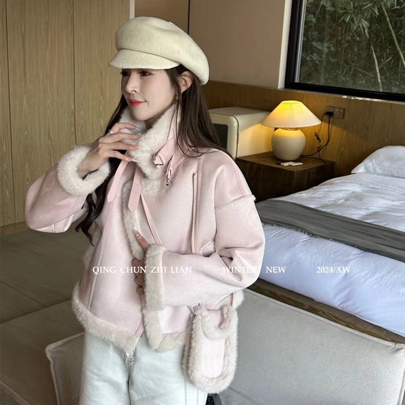 立领皮毛一体加厚兔绒毛机车服女