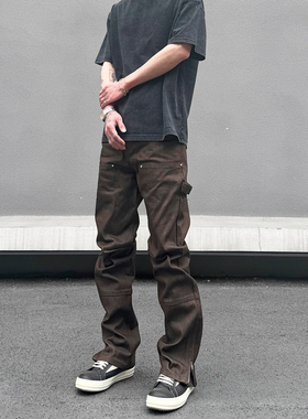 KISSNATE街头美式复古棕色原浆休闲伐木裤男士直筒拉链高街牛仔裤