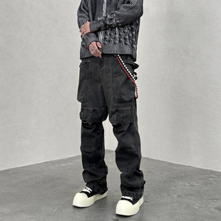 KISSNATE潮牌Cargo直筒口袋脏洗做旧工装裤男说唱休闲RO牛仔裤子