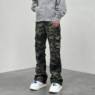 KISSNATE美式街头VIBE军绿迷彩腰果花印花微喇裤休闲口袋工装裤男