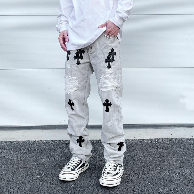 嘻哈长裤水洗破洞四季款十字架男