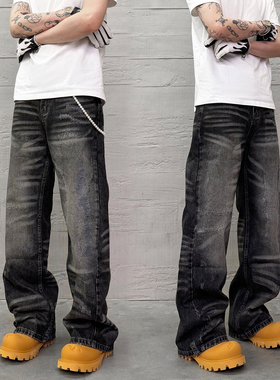 KISSNATE休闲「手缝线」水洗猫须直筒cleanfit复古休闲牛仔裤男女