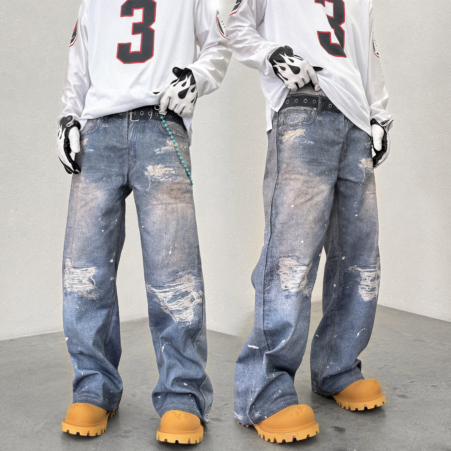 3D打印破洞直筒宽松阔腿牛仔裤男