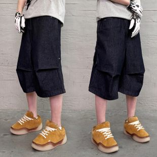 KISSNATE夏季 「原色原浆」复古原牛立体廓形褶皱男休闲牛仔七分裤
