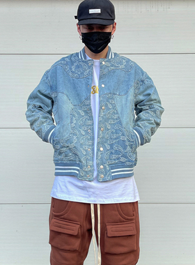 KISSNATE美式秋冬腰果花拼接牛仔休闲宽松夹克男女夹棉棒球服外套