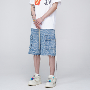 牛仔短裤 五分裤 男 水洗蓝色腰果花提花刺绣情侣款 KISSNATE街头夏季