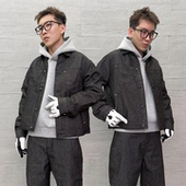 KISSNATE潮牌「黑牛丹宁」原色定制黑色松石牛仔正肩短宽夹克外套