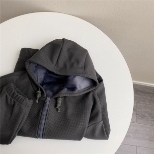 深灰色华夫格连帽拉链加绒加厚休闲百搭卫衣简约不掉绒小格子外套
