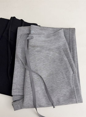 高腰显瘦lu系阔腿裤女灰色抽绳休闲裤垂感直筒加绒加厚运动裤 冬