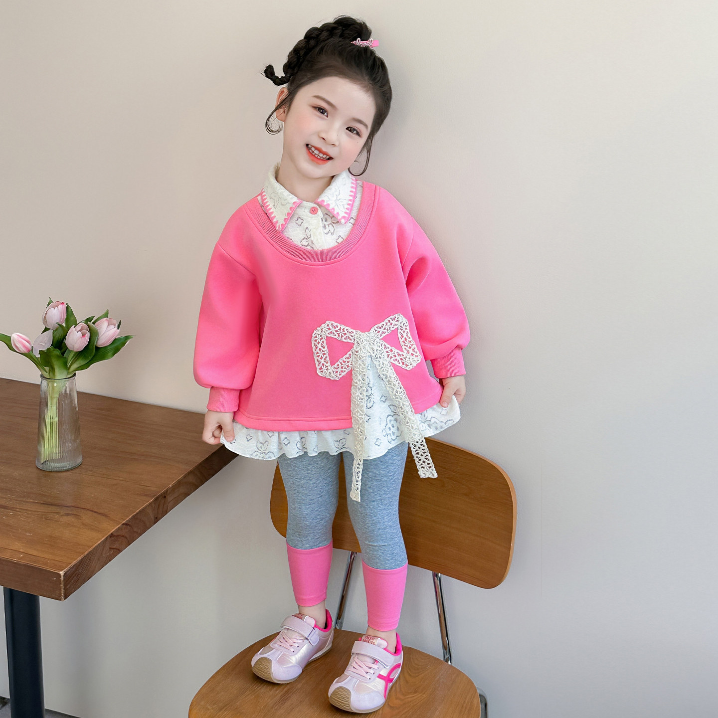 女童时尚蕾丝蝴蝶结假两件套装春季2026新款儿童女宝宝休闲两件套