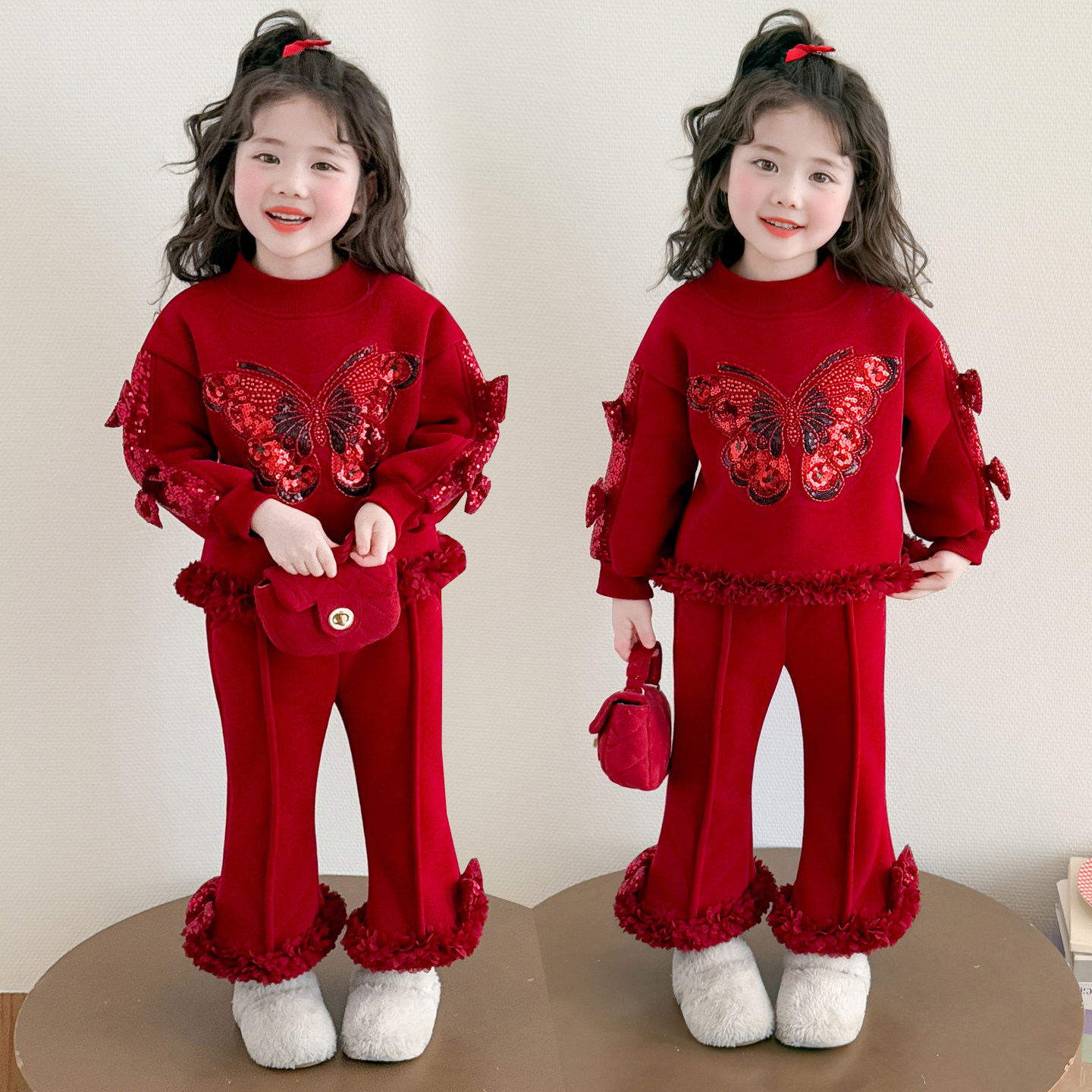 女童冬装洋气亮片蝴蝶结加绒年服套装2026新款儿童新年宝宝两件套