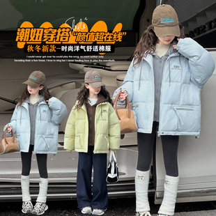 女童假两件连帽棉服2026新款中长款加厚时尚洋气外套时尚潮流