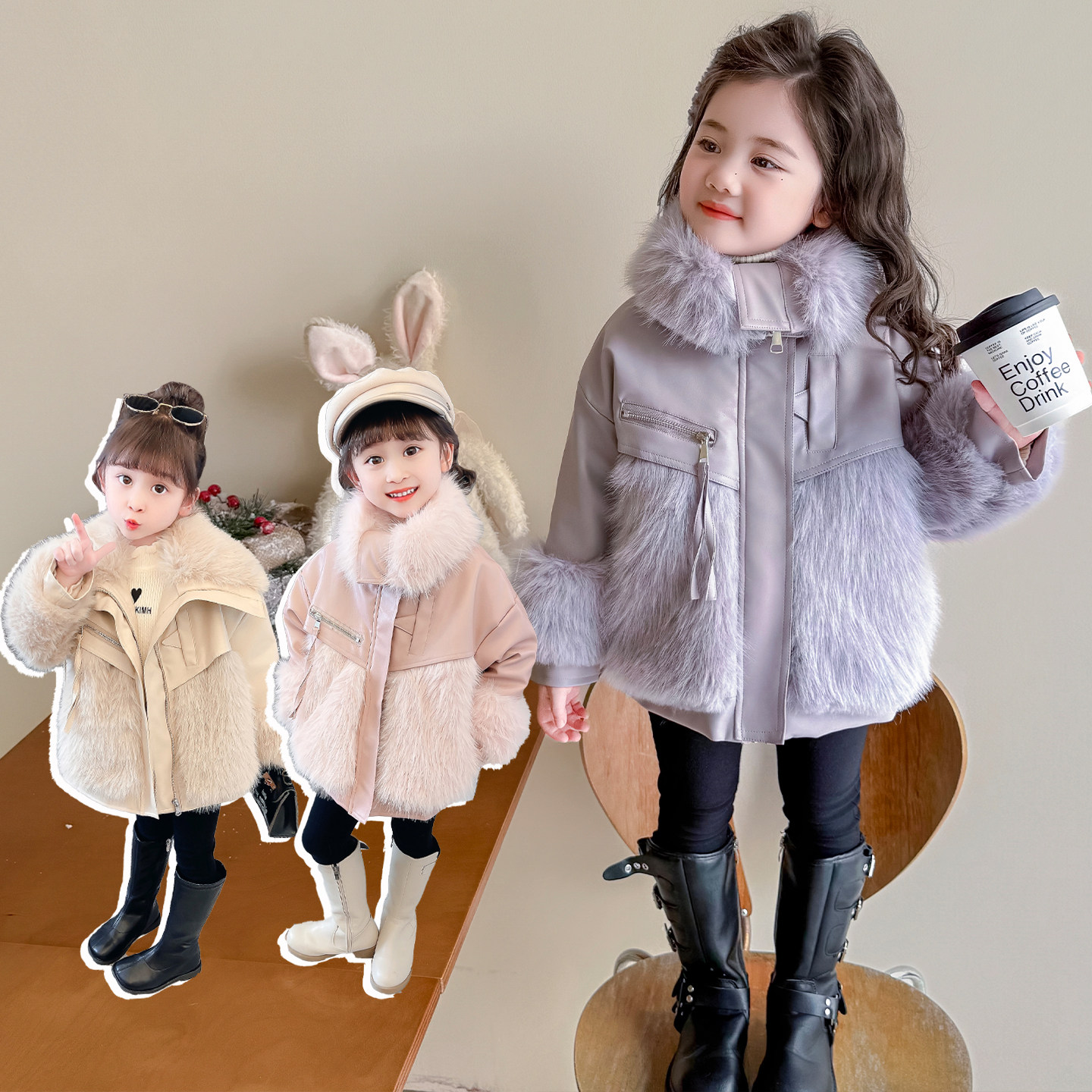 女小童时髦洋气皮草派克服加厚2025新款儿童时尚女宝宝冬装外套潮