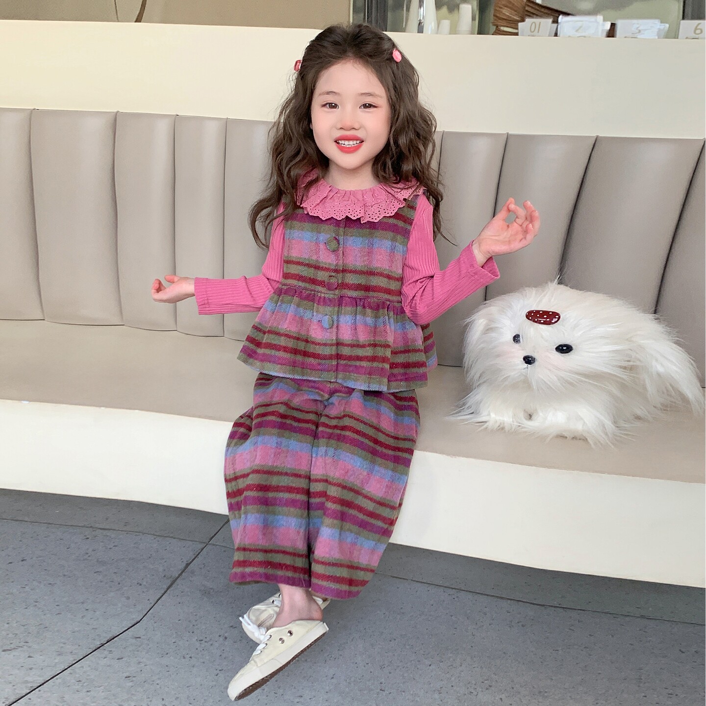 韩版女童套装春季2026新款儿童洋气女宝宝时尚潮流花边格子三件套