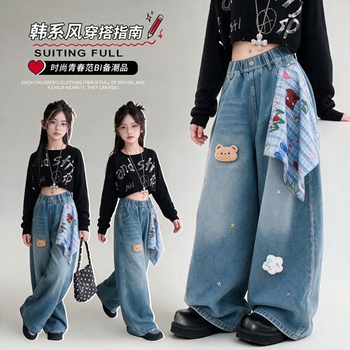 韩系风女童宽松牛仔裤卡通刺绣蓝色长裤儿童裤子直筒裤儿童牛仔裤