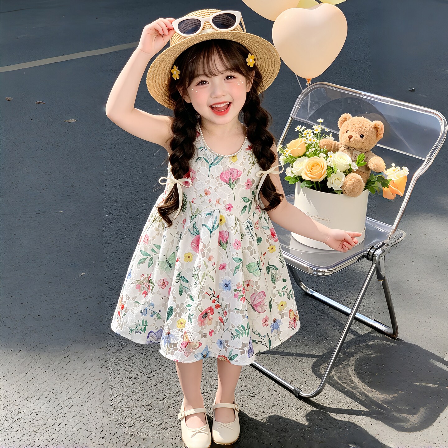 女童夏季甜美镂空彩绘连衣裙2026新款儿童公主裙女宝宝洋气裙子潮