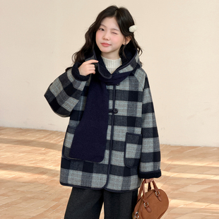 韩版大童洋气格子毛呢外套新款秋冬女童学院风加厚连帽围巾呢大衣