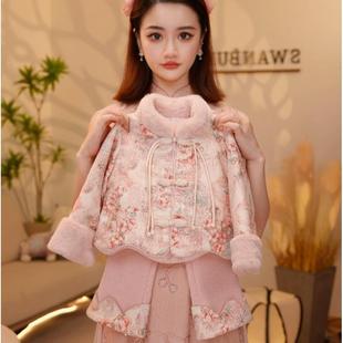 女童国风拜年服唐装夹棉两件套冬季新款女宝新年汉服童装加绒套装