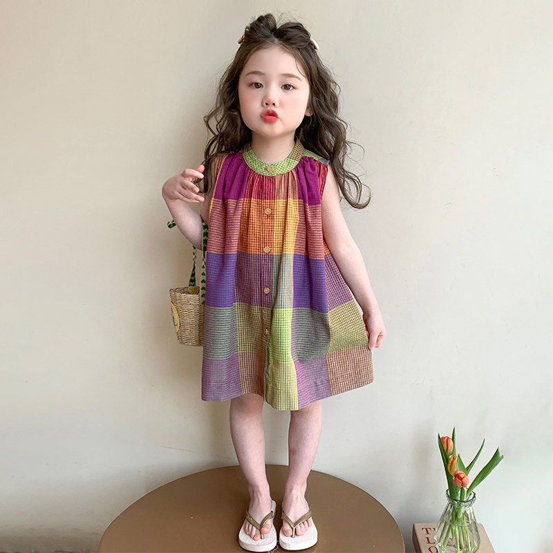 女童洋气彩色格子无袖连衣裙夏装2026新款儿童韩版女宝宝公主裙潮