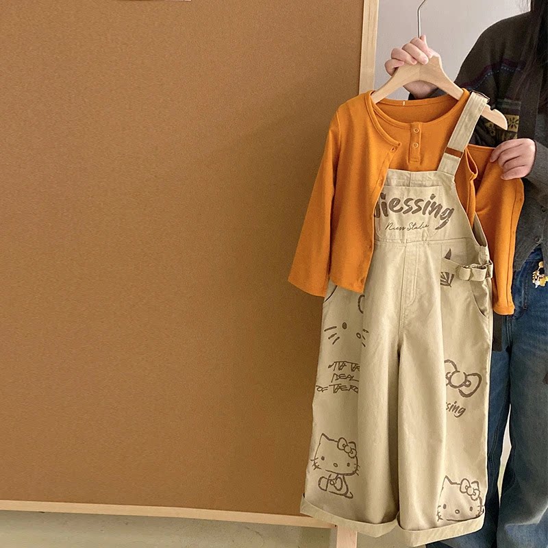 女童春秋三件套长袖上衣印花背带裤休闲套装新款女宝宝洋气春装