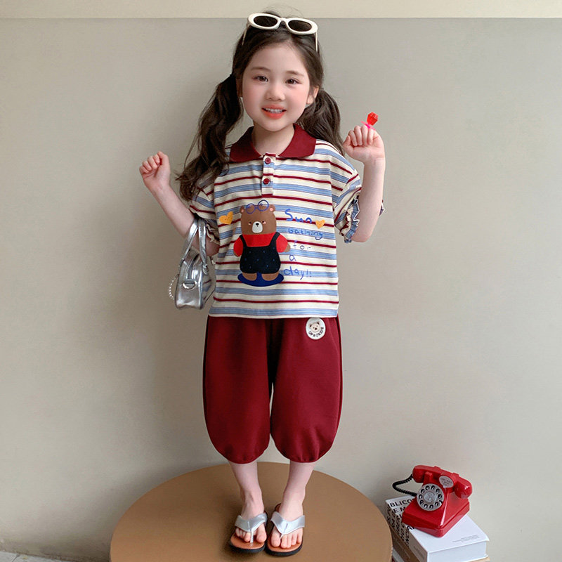 韩版女童洋气爱心条纹熊套装2026新款儿童夏季女宝宝休闲两件套潮