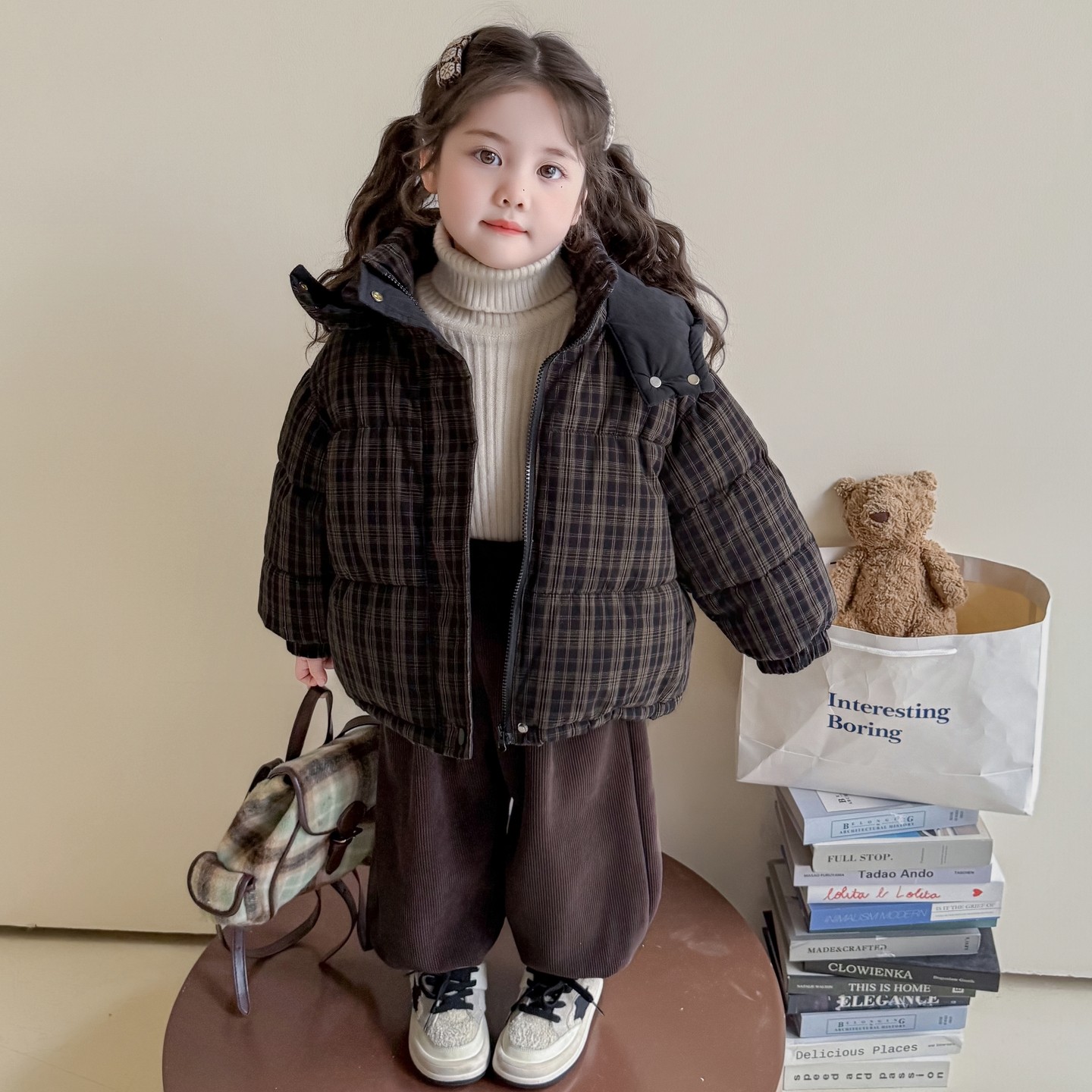 韩版女童冬季棉袄2026新款儿童洋气加厚连帽格子棉服女宝宝棉衣潮