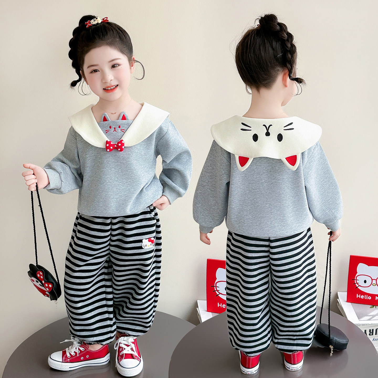 女童洋气条纹猫咪休闲套装春季2026新款儿童时尚女宝宝春秋两件套