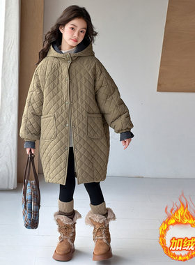 女童中长款菱形格夹棉格子外套潮