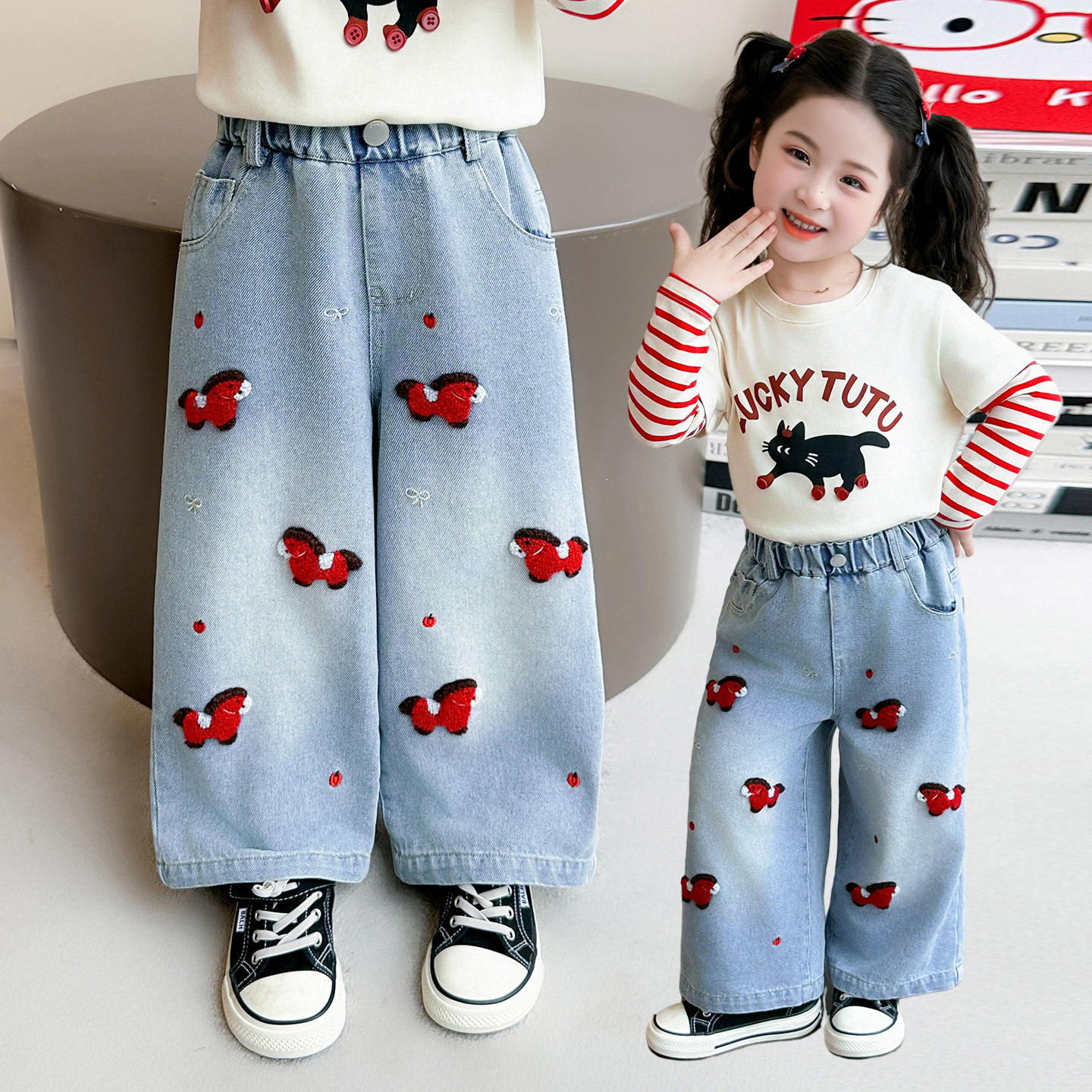 韩版女童春装洋气小马牛仔裤2026新款儿童裤子女宝宝时尚阔腿裤潮