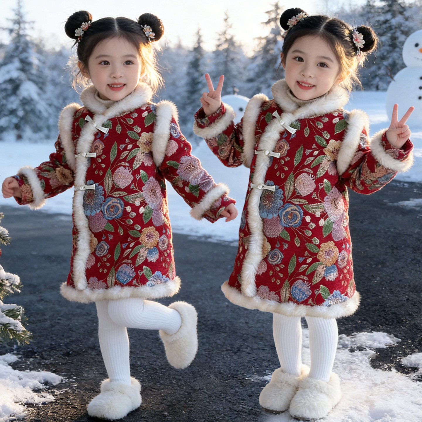 女童冬装新中式牡丹花年服旗袍裙2026新款儿童洋气女宝宝年服裙潮