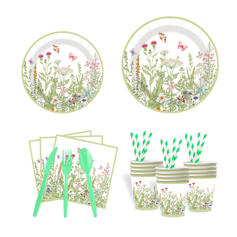 春季花朵茶话会纸盘纸杯纸巾生日聚会派对装饰布置野花一次性餐具