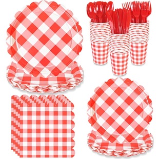 红色格子餐具套装生日派对聚会一次性纸盘纸杯纸巾桌布布置餐盘