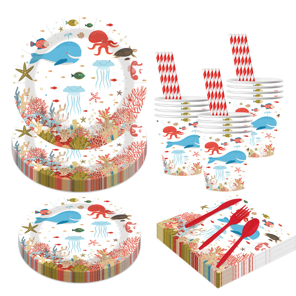 海洋主题餐具纸盘纸杯纸巾布置