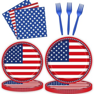 美国独立日主题派对餐盘蓝色五星国旗节日装饰一次性纸盘纸巾套装
