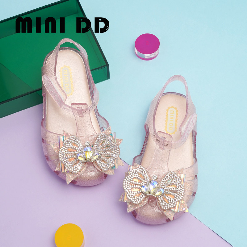 【新品】MINIDD儿童公主果冻鞋魔术贴闪粉罗马鞋碎钻蝴蝶凉鞋