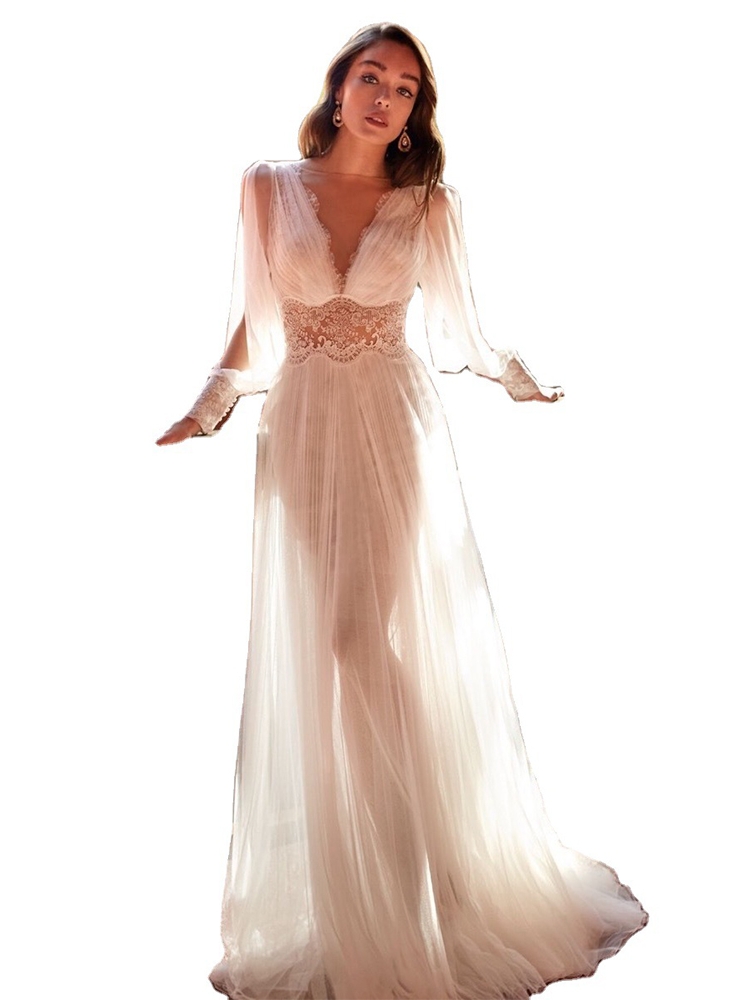 Long wedding dress, lace long skirt, 2023, European style, long sleeve, wish, V-neckline Long wedding dress, lace long skirt, 2023, European style, long sleeve, wish, V-neckline