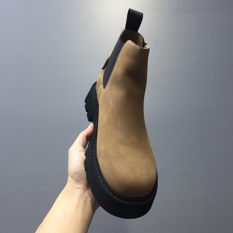 CHELSEA BOOTS MENS LIGHTWEIGHT WINTER VERSATILE MENS SHOES JAPANESE VINTAGE CARGO BOOTS BRITISH STYLE GENUINE LEATHER MARTIN BOOTS PLATFORM SOLES