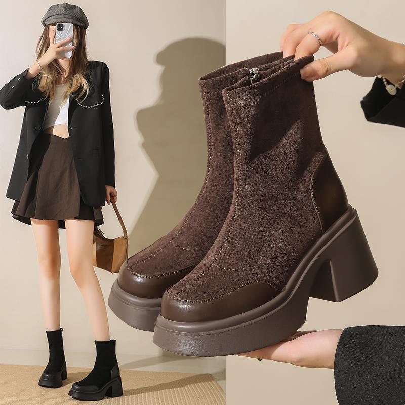 厚底高跟马丁靴女新款短靴女秋冬季新款英伦风复古弹力瘦瘦靴子女