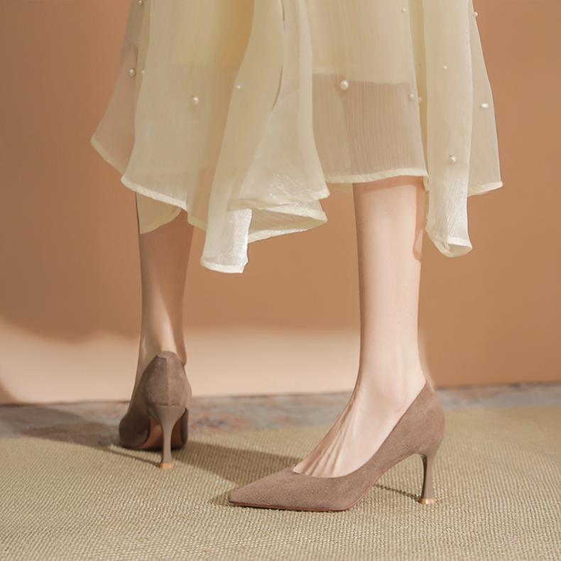 2025新款绒面细跟浅口高跟鞋气质小方跟高级感日常百搭单鞋配裙子