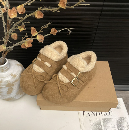 2025秋季新款深口单鞋厚底单鞋米杏色人造短毛绒圆头2025年冬季深