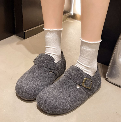 毛呢小土豆内增高一脚蹬加绒勃肯鞋女2025秋冬保暖棉鞋灰色毛毛鞋