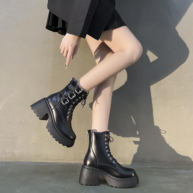 英伦风马丁靴女粗跟秋冬季新款百搭松糕底厚底高跟短靴女瘦瘦靴子