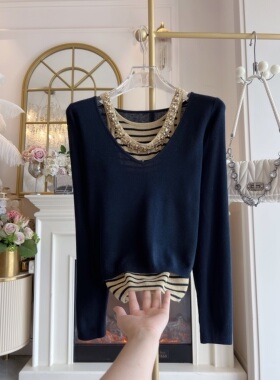 韩国设计感重工水钻条纹吊带背心宽松套头长袖毛针织衫两件套女装