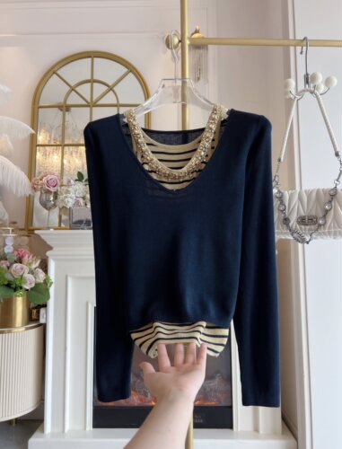 韩国设计感重工水钻条纹吊带背心宽松套头长袖毛针织衫两件套女装