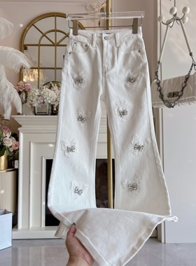 名媛风气质白色牛仔裤长裤女2025年秋季蝴蝶镶钻高腰显瘦微喇叭裤