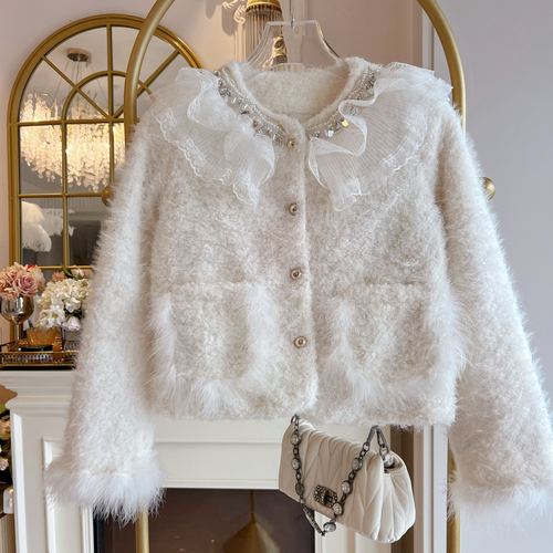 轻奢风重工镶钻荷叶边夹棉短外套女2025年秋冬新款宽松小香风开衫